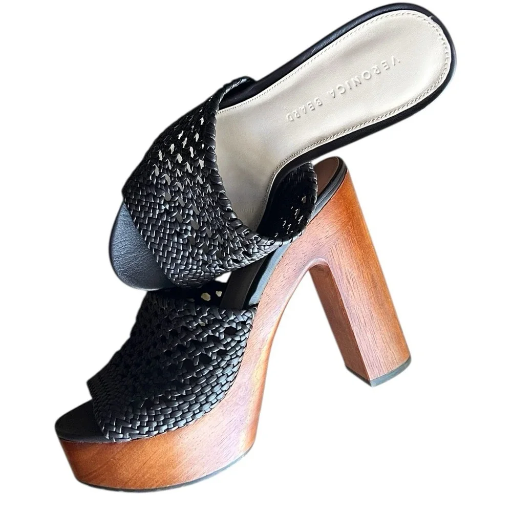Veronica Beard Guadalupe Woven Platform Mule Heels Wood‎ Chunky Resort 8.5